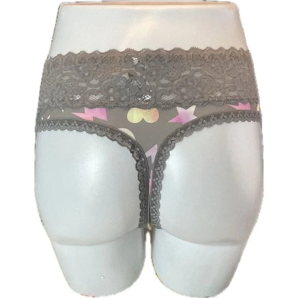 Torrid +2 Gray Electric Skull-Heart Graphic Scallop Lace Waistband Thong Panties - Picture 4 of 5